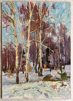 Vintage Oil Landscape Winter Snowy Forest Painting Original Art by Borymchuk M.