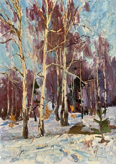 Vintage Oil Landscape Winter Snowy Forest Painting Original Art by Borymchuk M.
