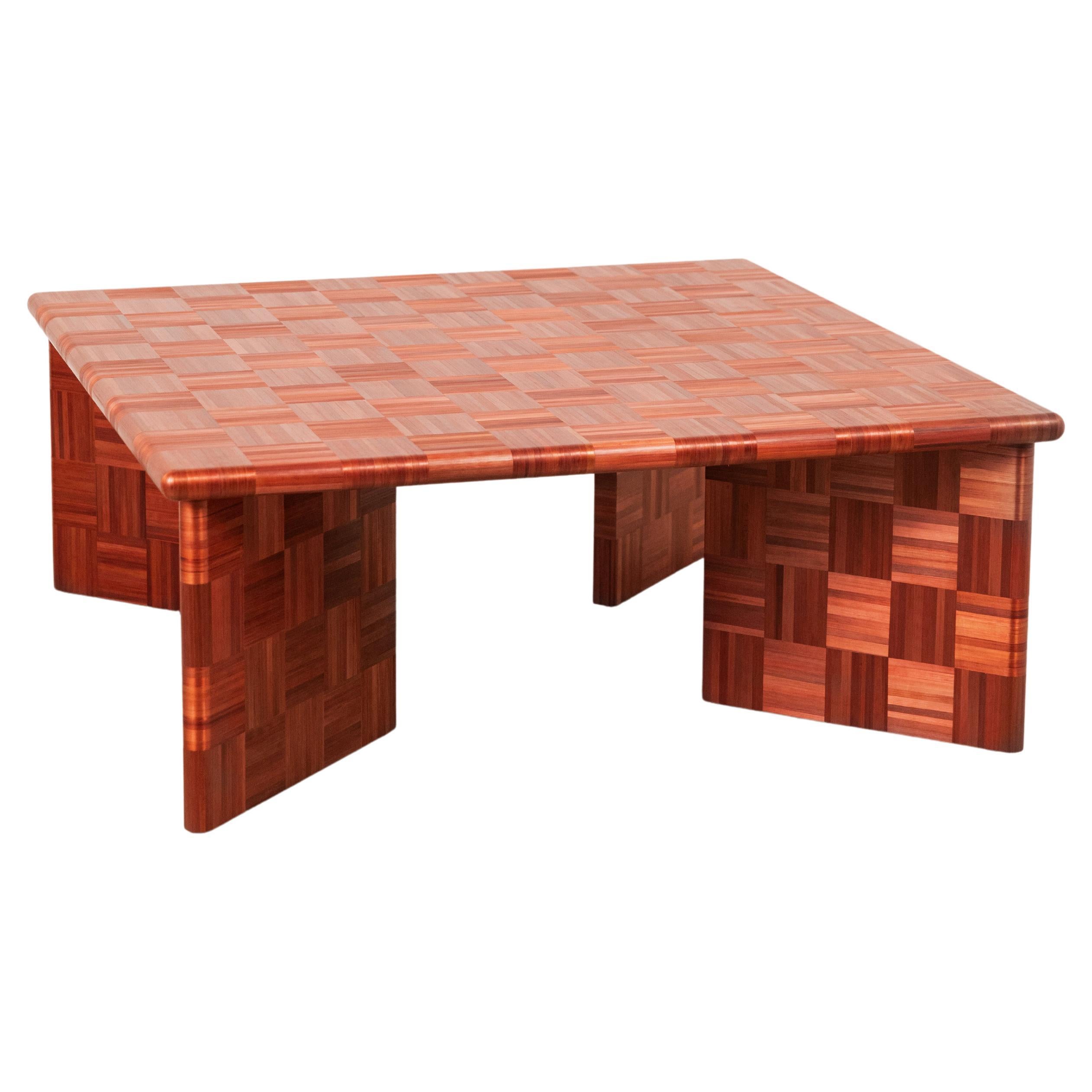 "BOS" Side Coffee Table Straw Marquetry Inlay Handcrafted Red Checkerboard 