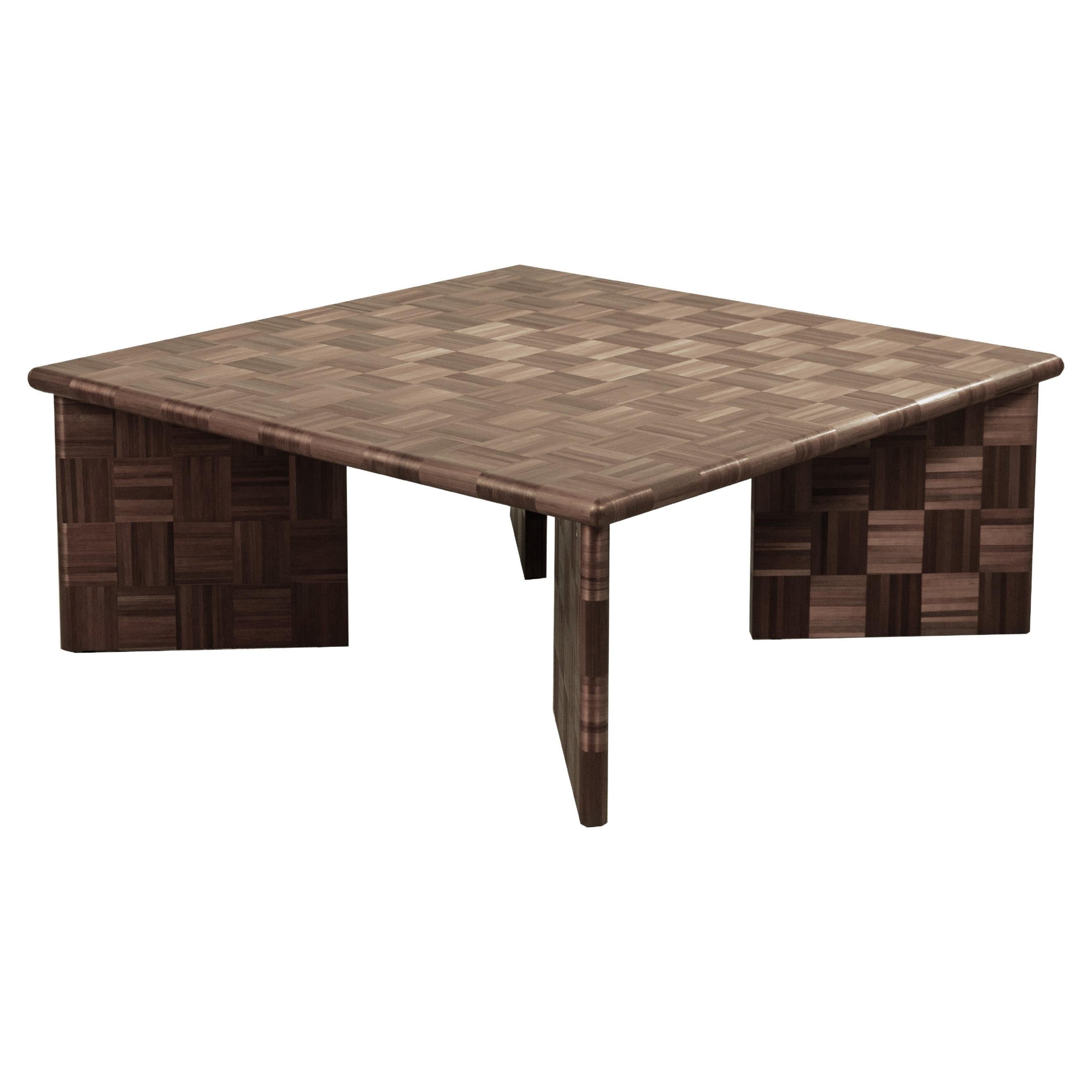 "BOS" Square Side Coffee Table Straw Marquetry Inlay Handcrafted Brown Weave For Sale
