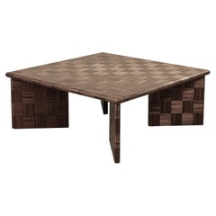 "BOS" Square Side Coffee Table Straw Marquetry Inlay Handcrafted Brown Weave