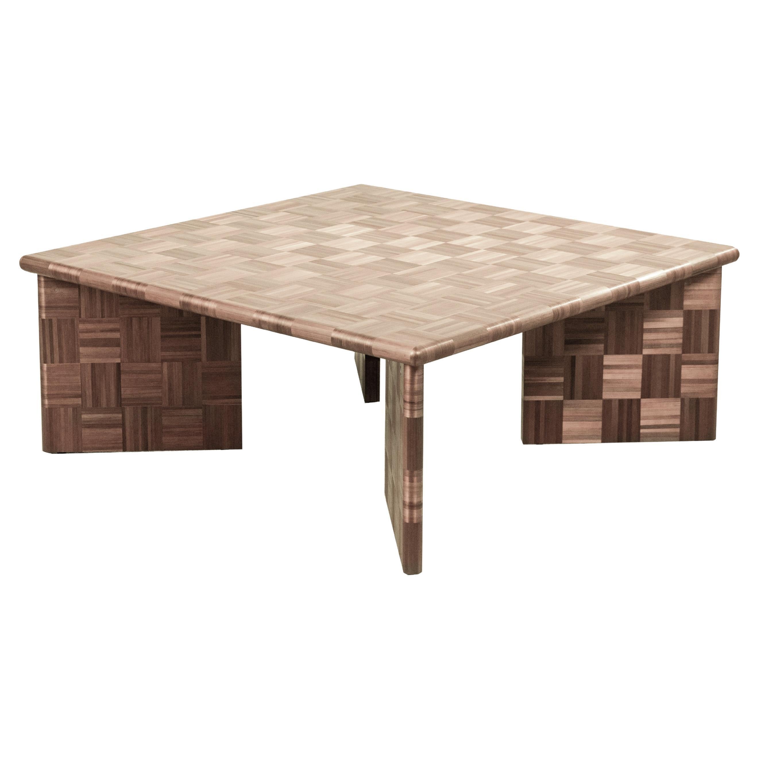 "BOS" Square Side Coffee Table Straw Marquetry Inlay Handcrafted Beige Weave For Sale
