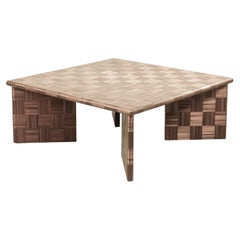 "BOS" Square Side Coffee Table Straw Marquetry Inlay Handcrafted Beige Weave