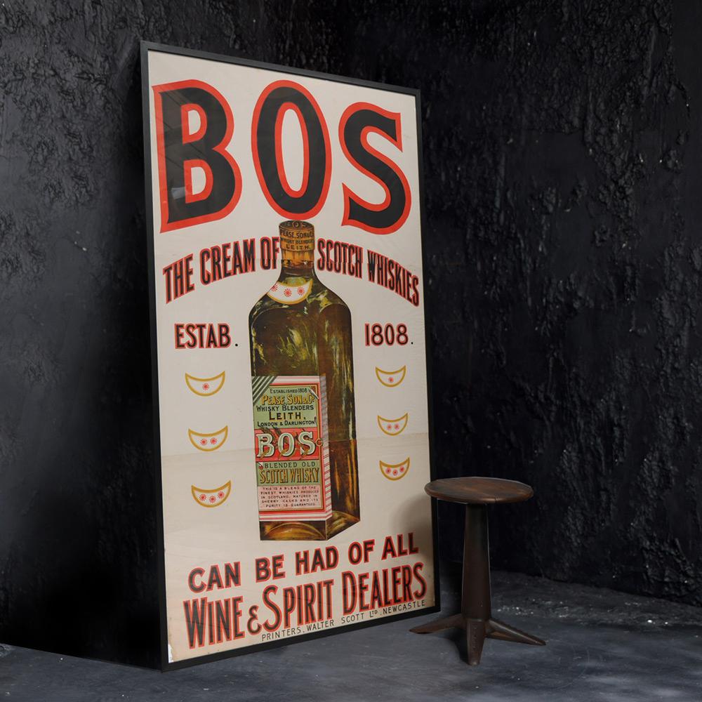 Hand-Crafted BOS Whiskey 19th Century Lithograph Advertising Poster   For Sale