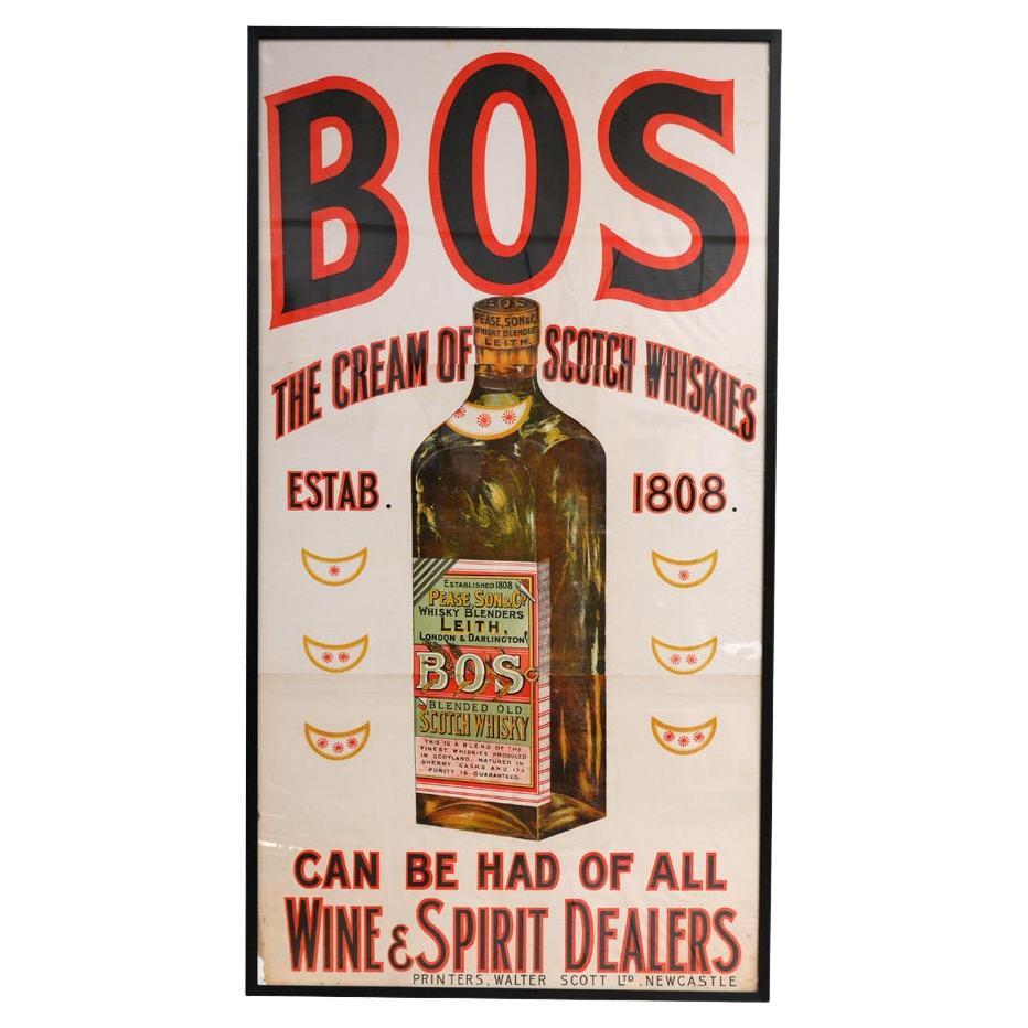 BOS Whiskey 19th Century Lithograph Advertising Poster   For Sale