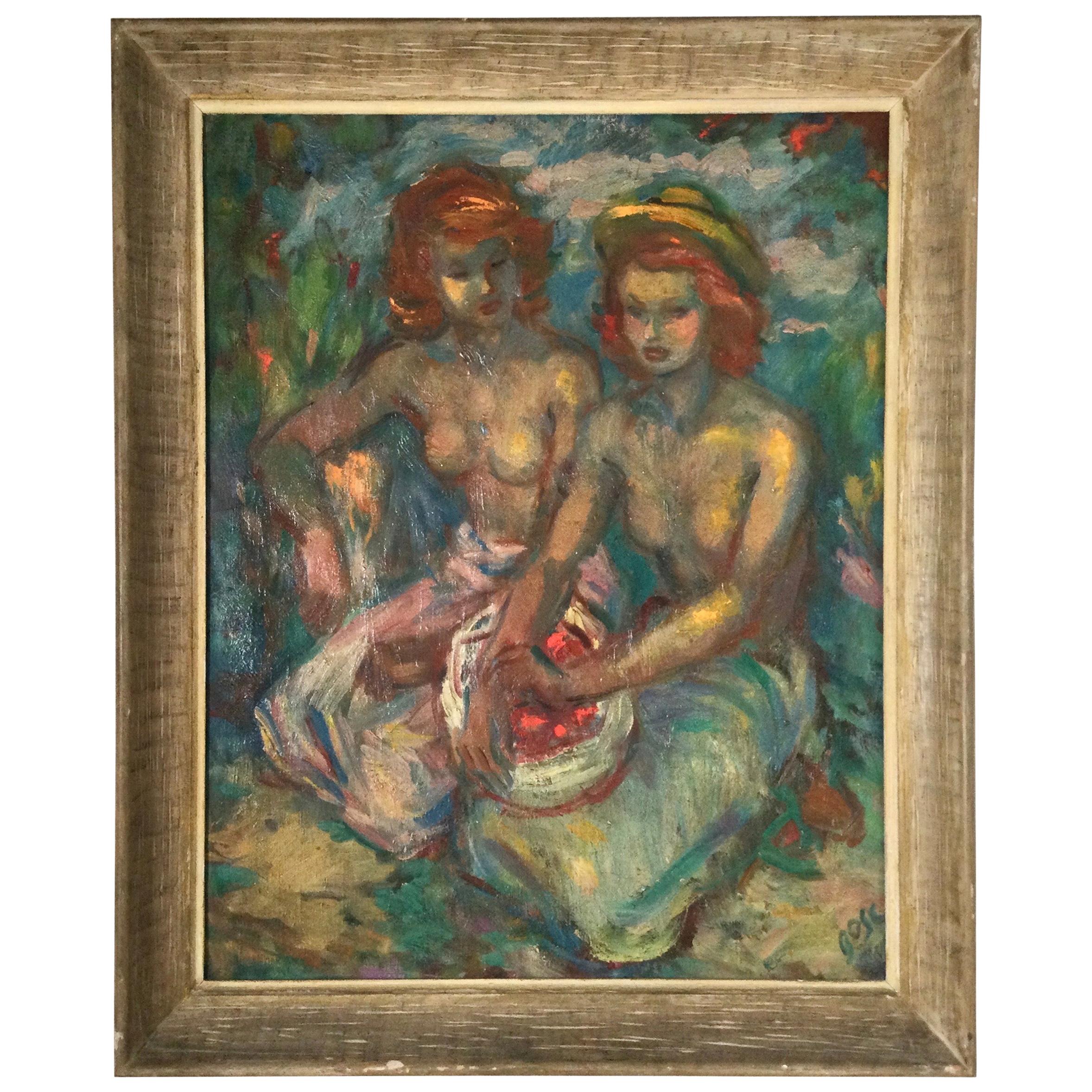 Bosc "Two Seated Women" Signed Painting Oil on Canvas