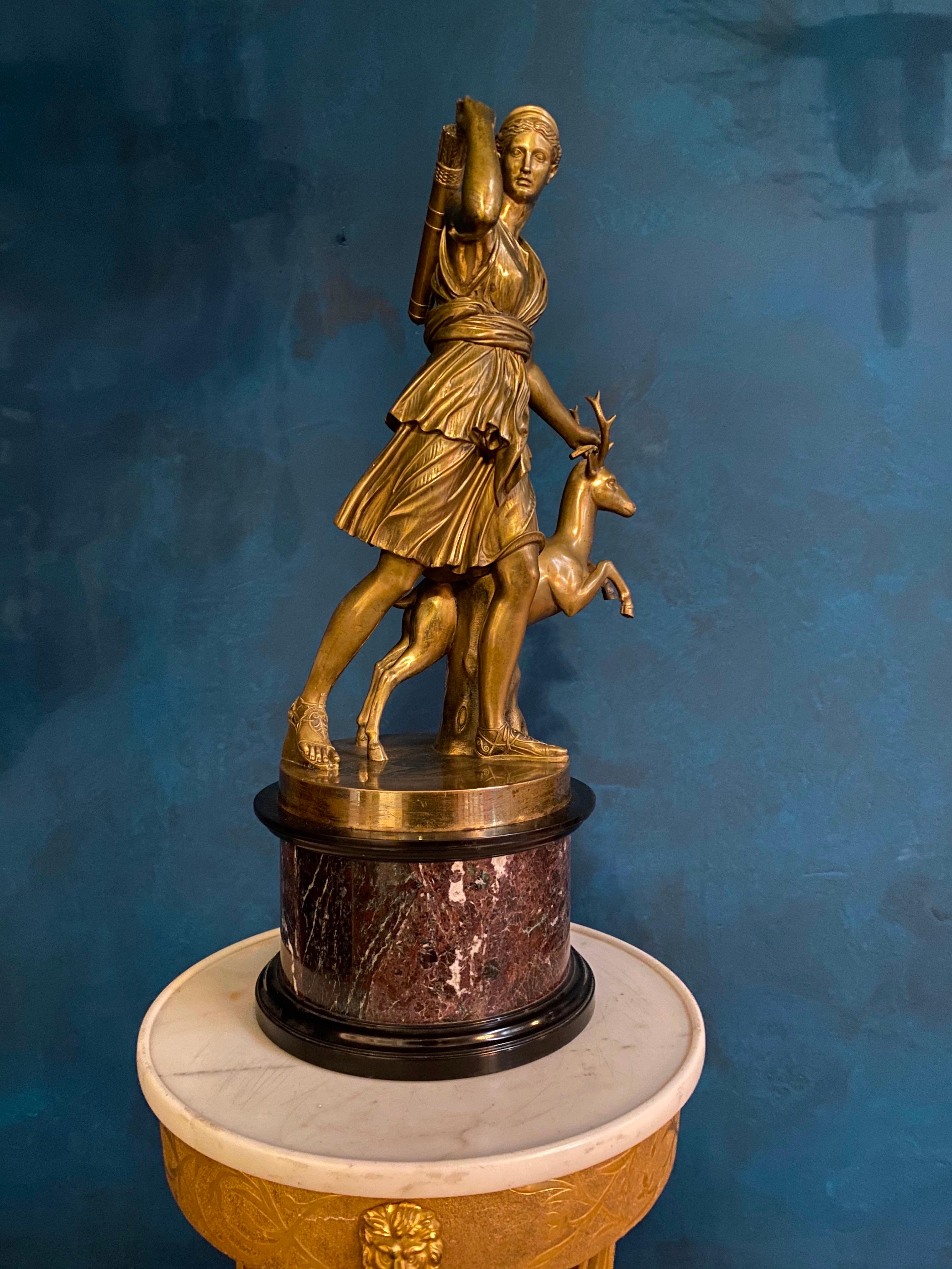 Grand Tour Fine Group of Sculpture in Bronze after a Louvre  Diana of Versailles or Artemis, Goddess of the Hunt.
Diana is represented at the hunt, hastening forward, as if in pursuit of game. She looks toward the right and with raised right arm is