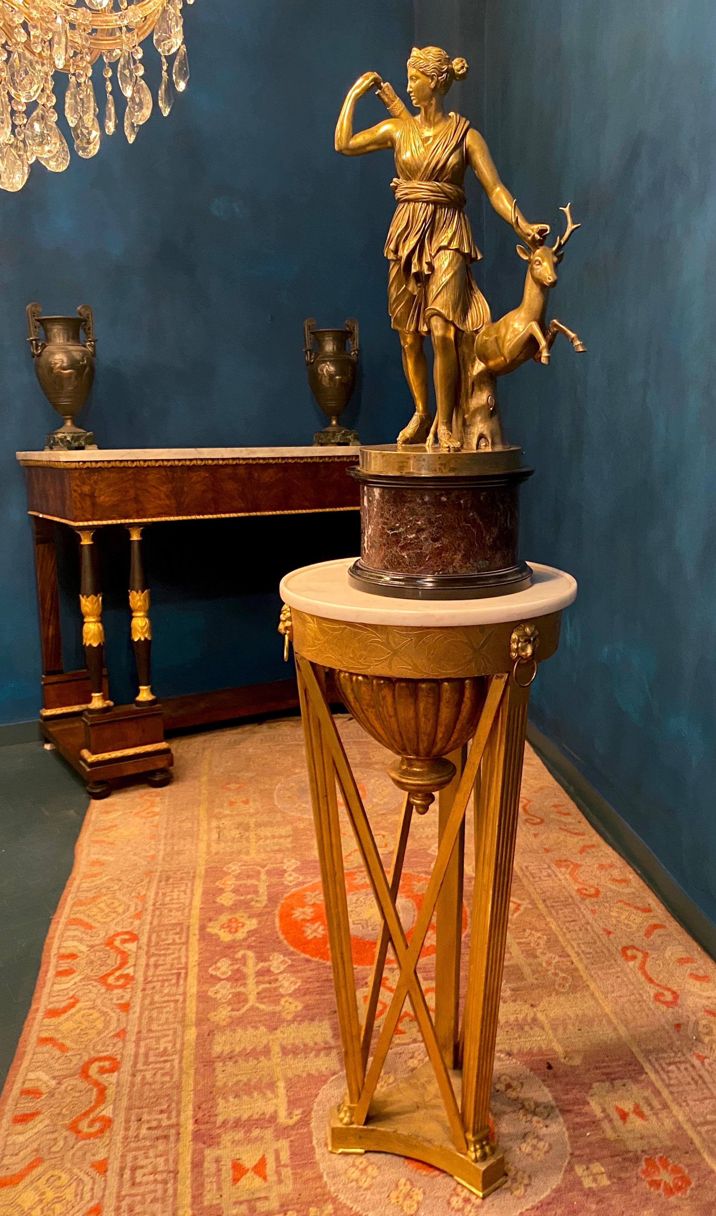 Grand Tour Fine Group of Sculpture in Bronze after a Louvre  Diana of Versailles or Artemis, Goddess of the Hunt.
Diana is represented at the hunt, hastening forward, as if in pursuit of game. She looks toward the right and with raised right arm is