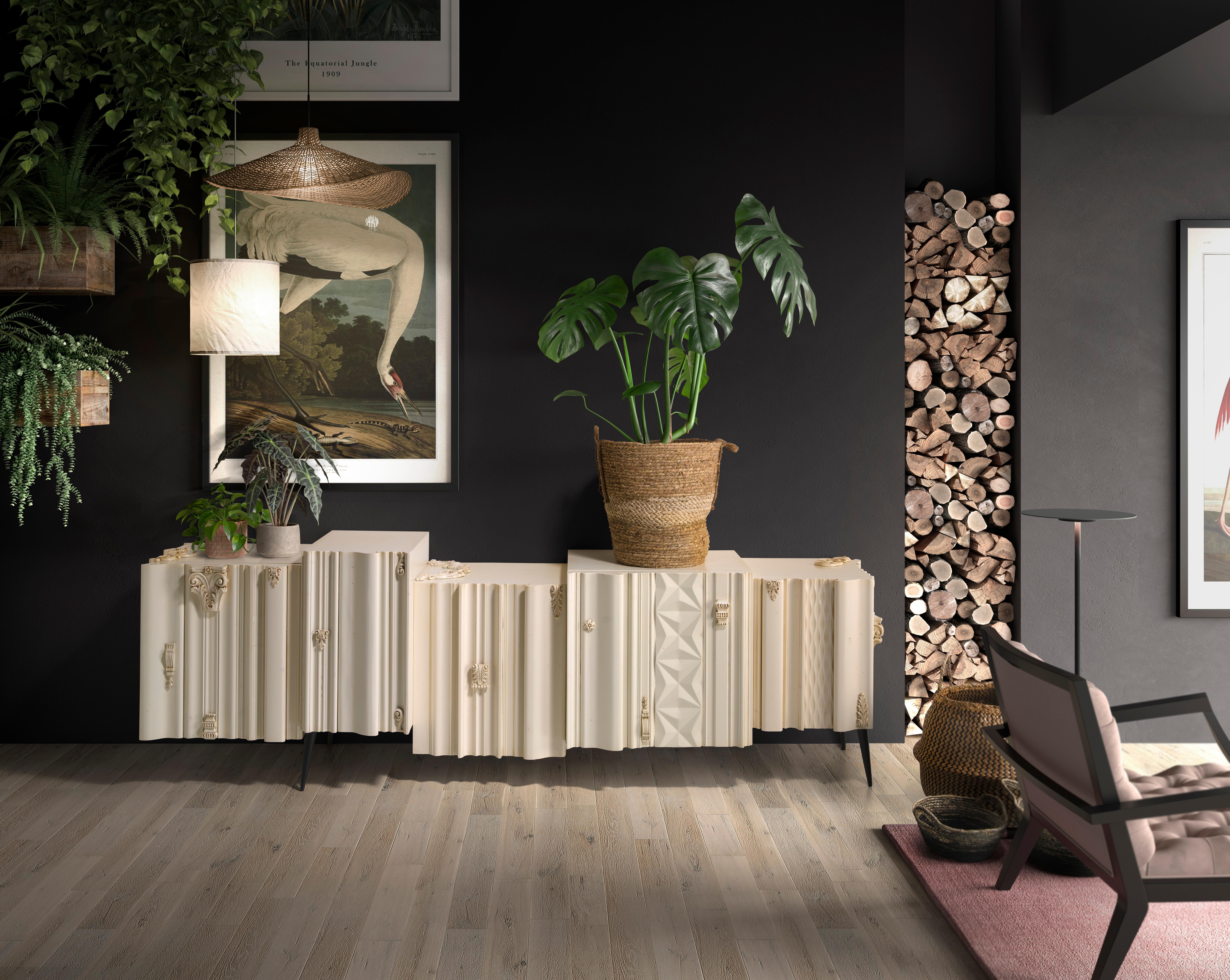 Bosco Anrichte, Fünf Türen, von Lola Glamour
Abmessungen: T 50 x B 235 x H 87 cm
MATERIALIEN: Holz.

Das Wesen der Natur umgibt uns und treibt uns zum Schaffen an. Sie ist ein Spiegelbild unserer Identität und unserer Umwelt. Holz mit seinen