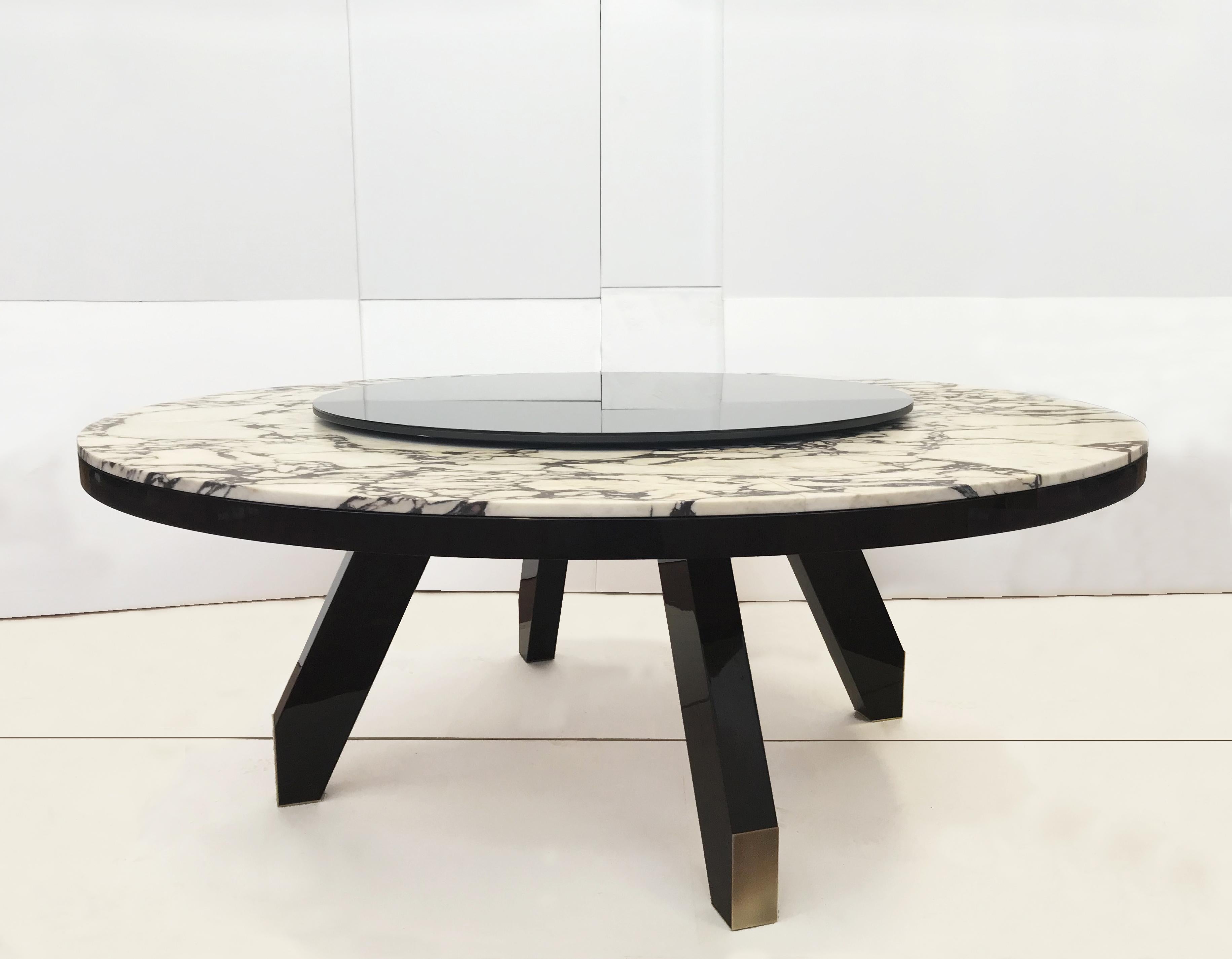 Boscolo 200 Mahogany, Marble, Mirror And Light Bronze Metal Table by Casa Casati 
Dimensions: Ø 200 x H 74 cm. 
Materials: MDF, lacquer, brass, bronze, and mirror.
Finish: Glossy English Mahogany frame, Breccia Medicea marble top, Lazy Susan in fumé