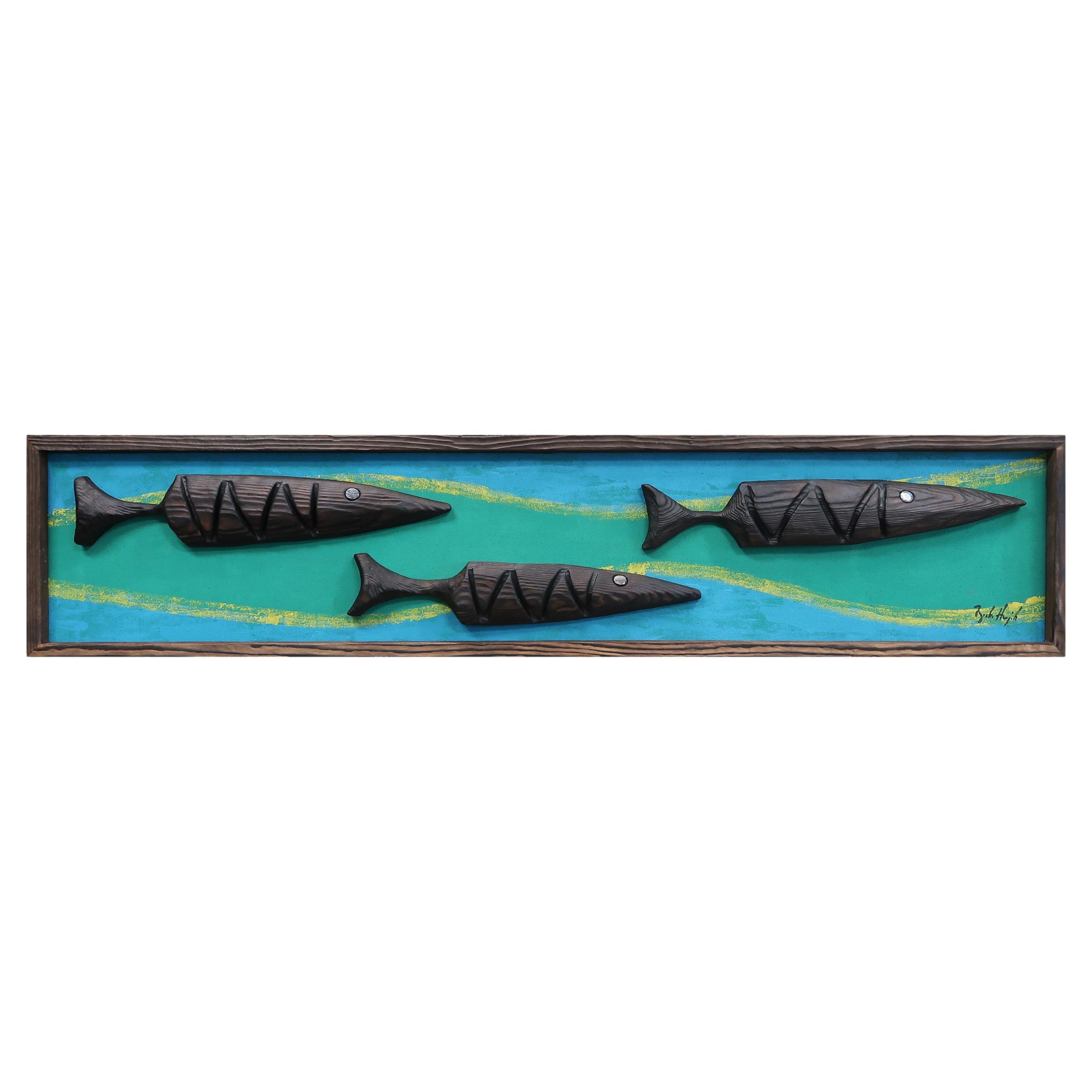 Bosko Hrnjak Original Framed Modernist Art Wall Sculpture Carving "Mod Fish" Big For Sale