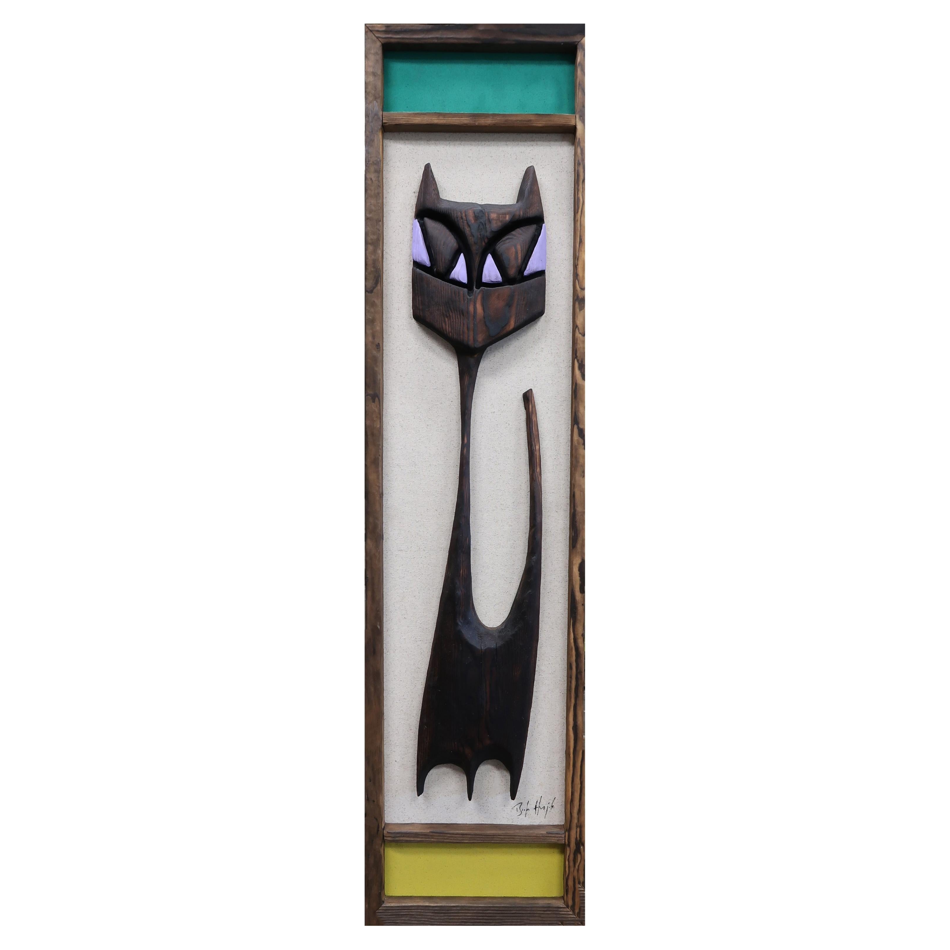 Bosko Hrnjak Original Modernist Framed Art Tall Tabby Cat Wall Sculpture Carving