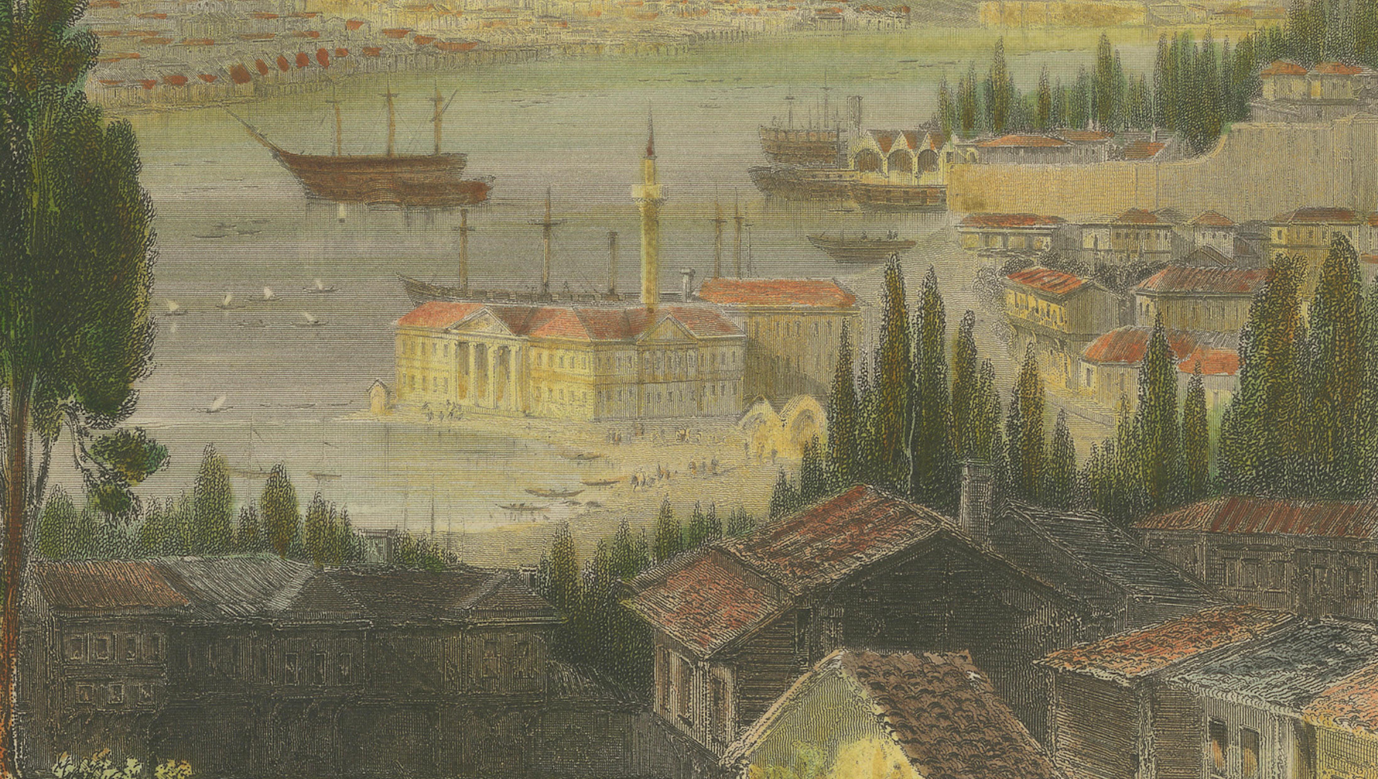 Bosporus Harbor View from Pera, Istanbul Arsenal – Antique Bartlett, c.1839