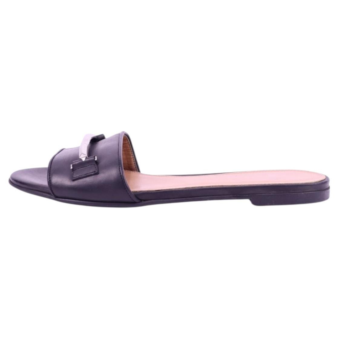 Pre-owned Hugo Boss Boss Black Leather Slip-on Sandals With Metal Detail - Eu 40