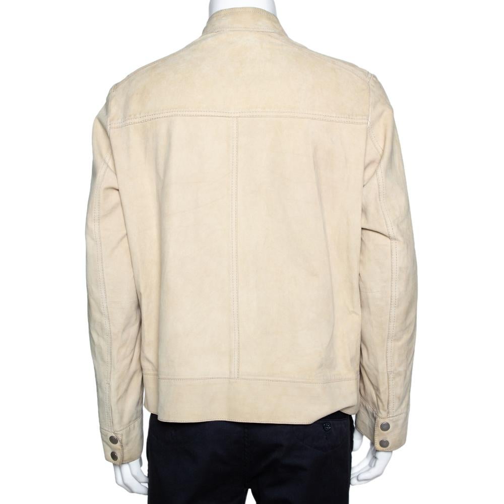 Unfold a stylish look with this Boss By Hugo Boss jacket. This durable and comfortable beige piece is going to be your companion for years. This smart and trendy jacket is made from lamb leather and designed with a front zipper and pockets.
