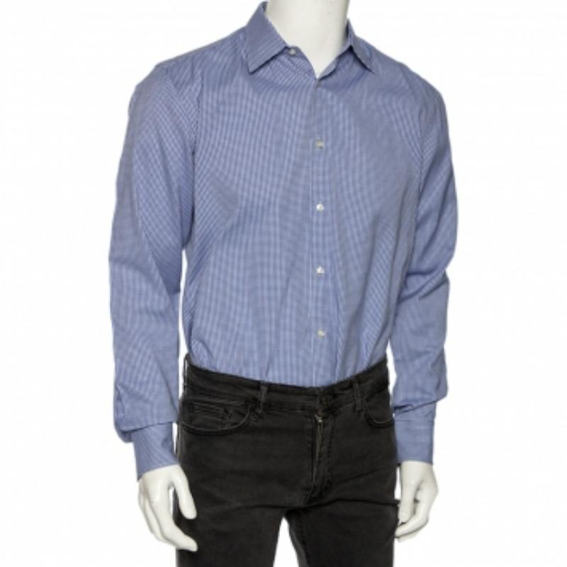 Boss By Hugo Boss Blaues Karo-Baumwoll-Knopfleiste Slim Fit Hemd M 5