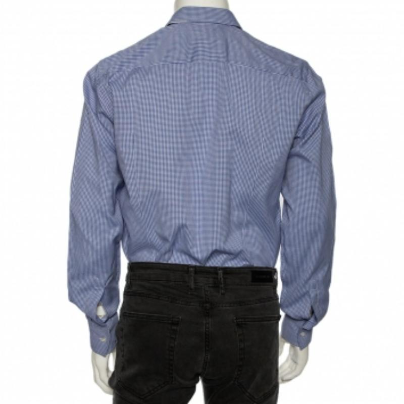 Boss By Hugo Boss Blaues Karo-Baumwoll-Knopfleiste Slim Fit Hemd M 6
