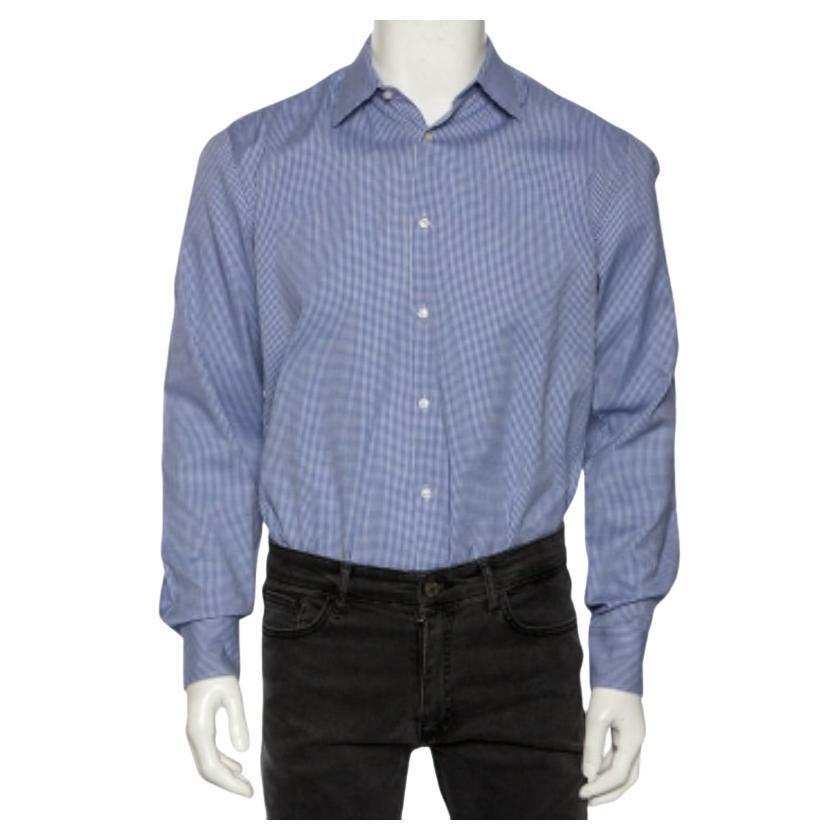 Boss By Hugo Boss Chemise cintrée à carreaux en coton bleu, boutonnée sur le devant M.