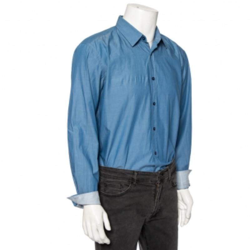 Boss By Hugo Boss Blau Baumwolle Knopfleiste Slim Fit Stretch Hemd XL im Zustand „Gut“ in Dubai, Al Qouz 2