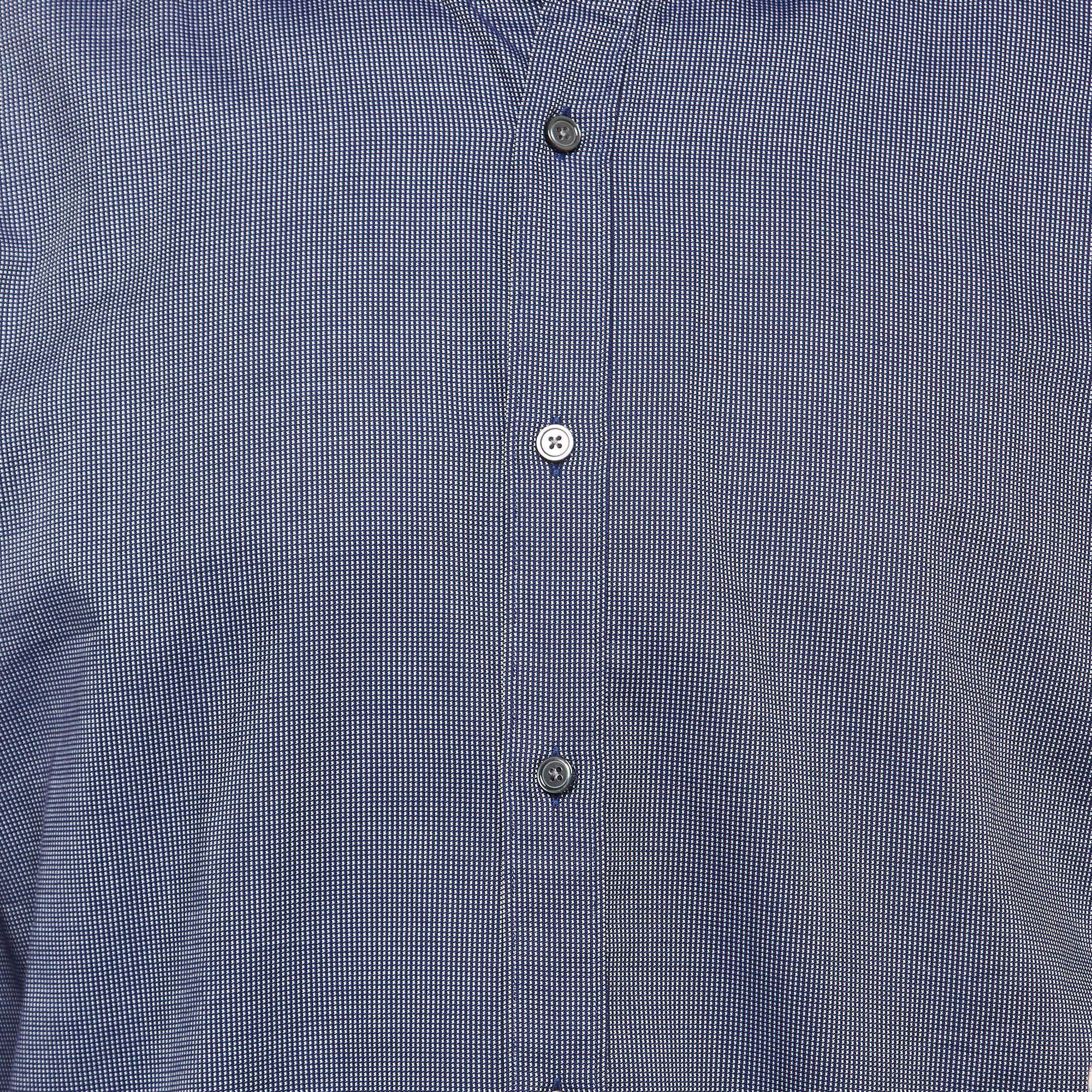 Gray Boss By Hugo Boss Blue Ditsy Cotton Long Sleeve Shirt 4XL For Sale