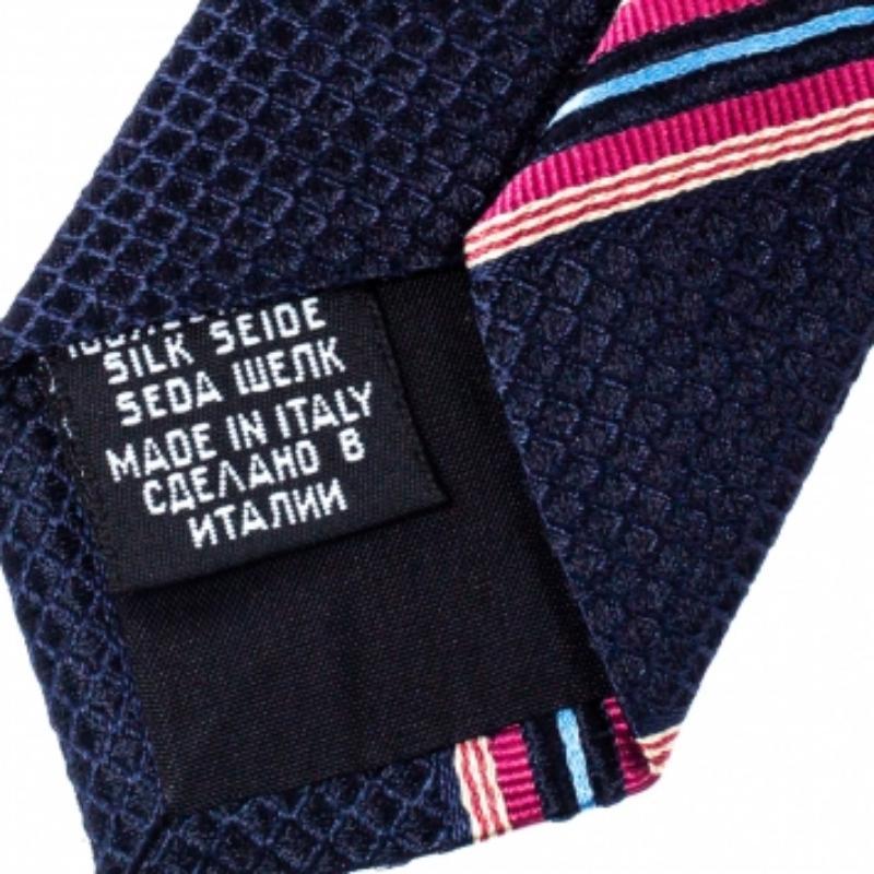 Boss By Hugo Boss Blue & Pink Striped Silk Tie In Good Condition For Sale In Dubai, Al Qouz 2