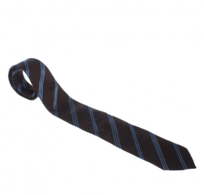 Noir Boss By Hugo Boss Cravate traditionnelle en jacquard de soie à rayures diagonales marron et bleu en vente
