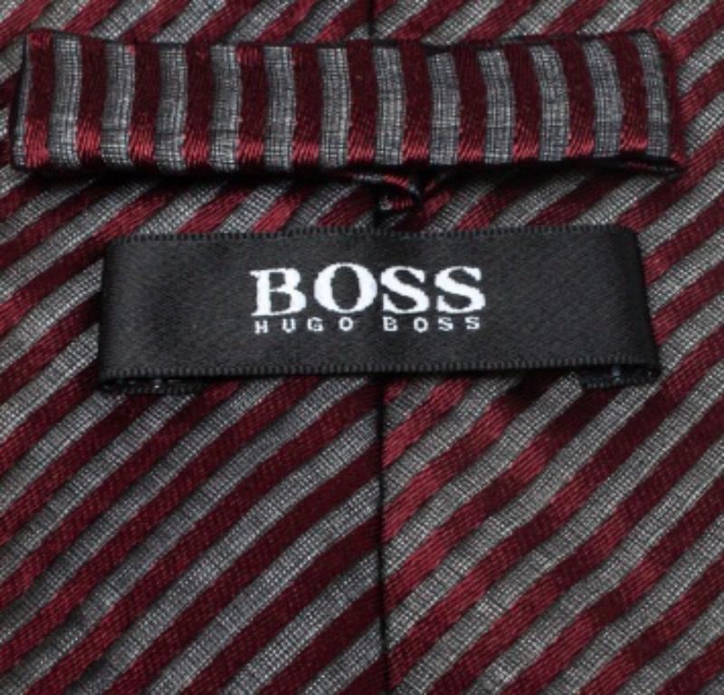 Boss By Hugo Boss Burgundy Striped Silk Jacquard Tie For Sale 1