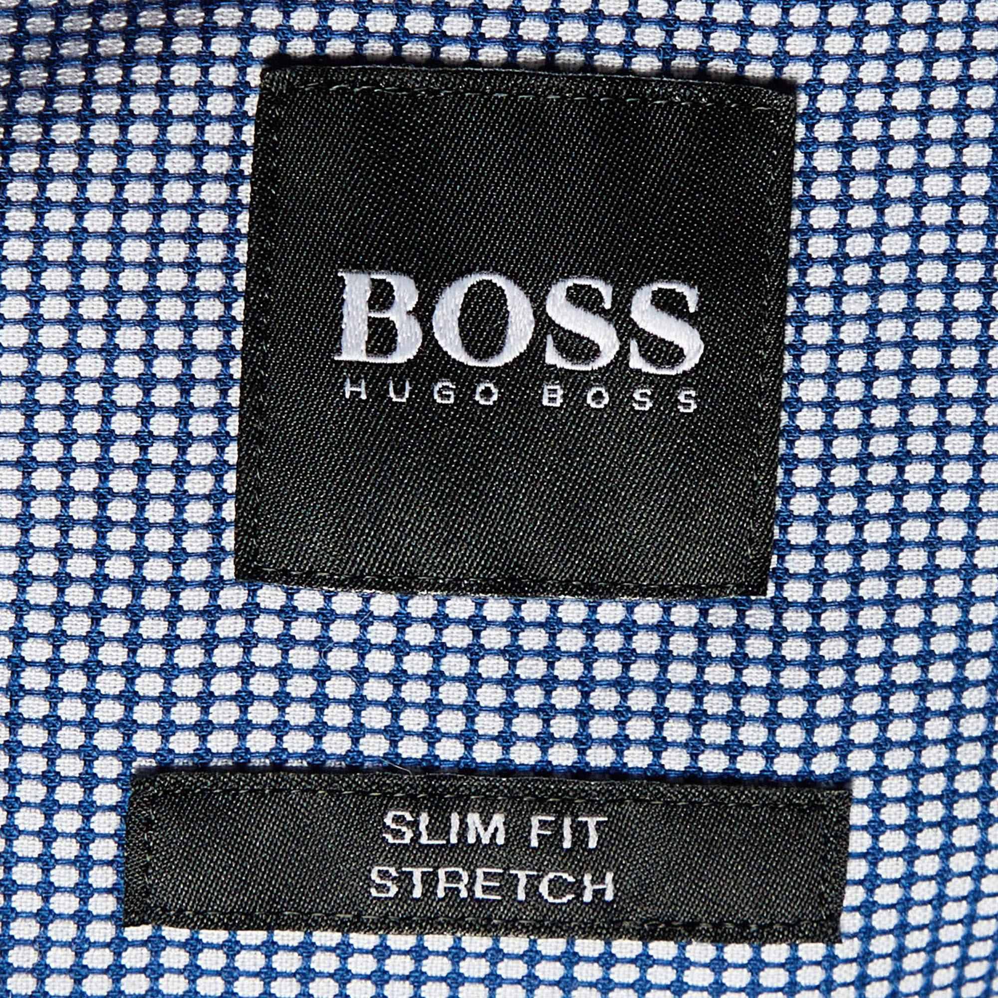 Boss By Hugo Boss Navy Blue Checked Cotton Slim Fit Shirt XL For Sale 1