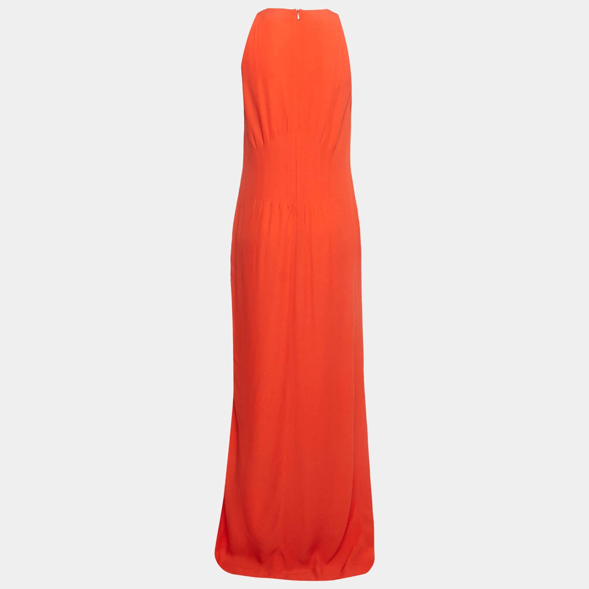 Boss By Hugo Boss Orange Crepe Sleeveless V-Neck Slit Detail Maxi Dress M 2