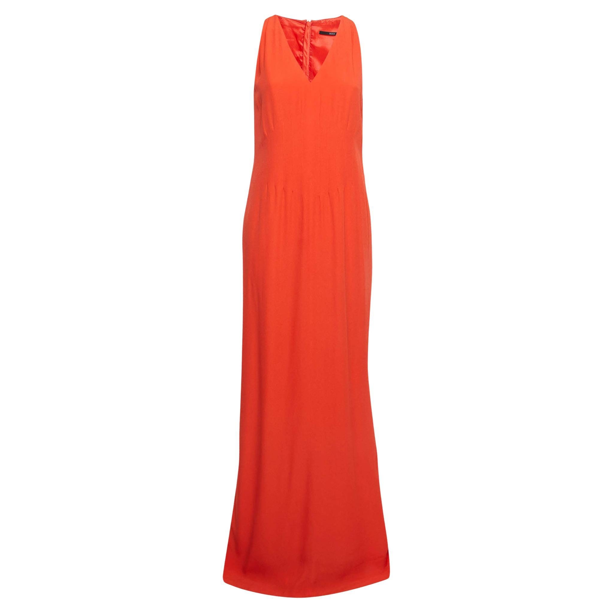 Boss By Hugo Boss Orange Crepe Sleeveless V-Neck Slit Detail Maxi Dress M