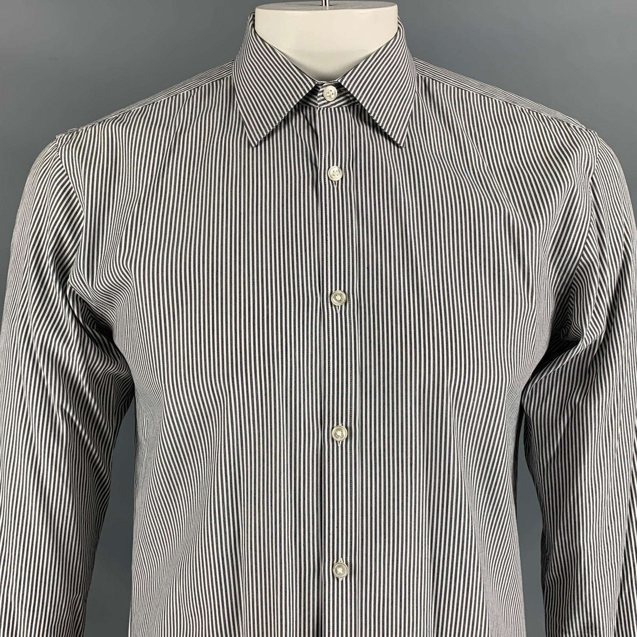 Men's BOSS by HUGO BOSS Size L Black & White Stripe Cotton Long Sleeve Shirt For Sale