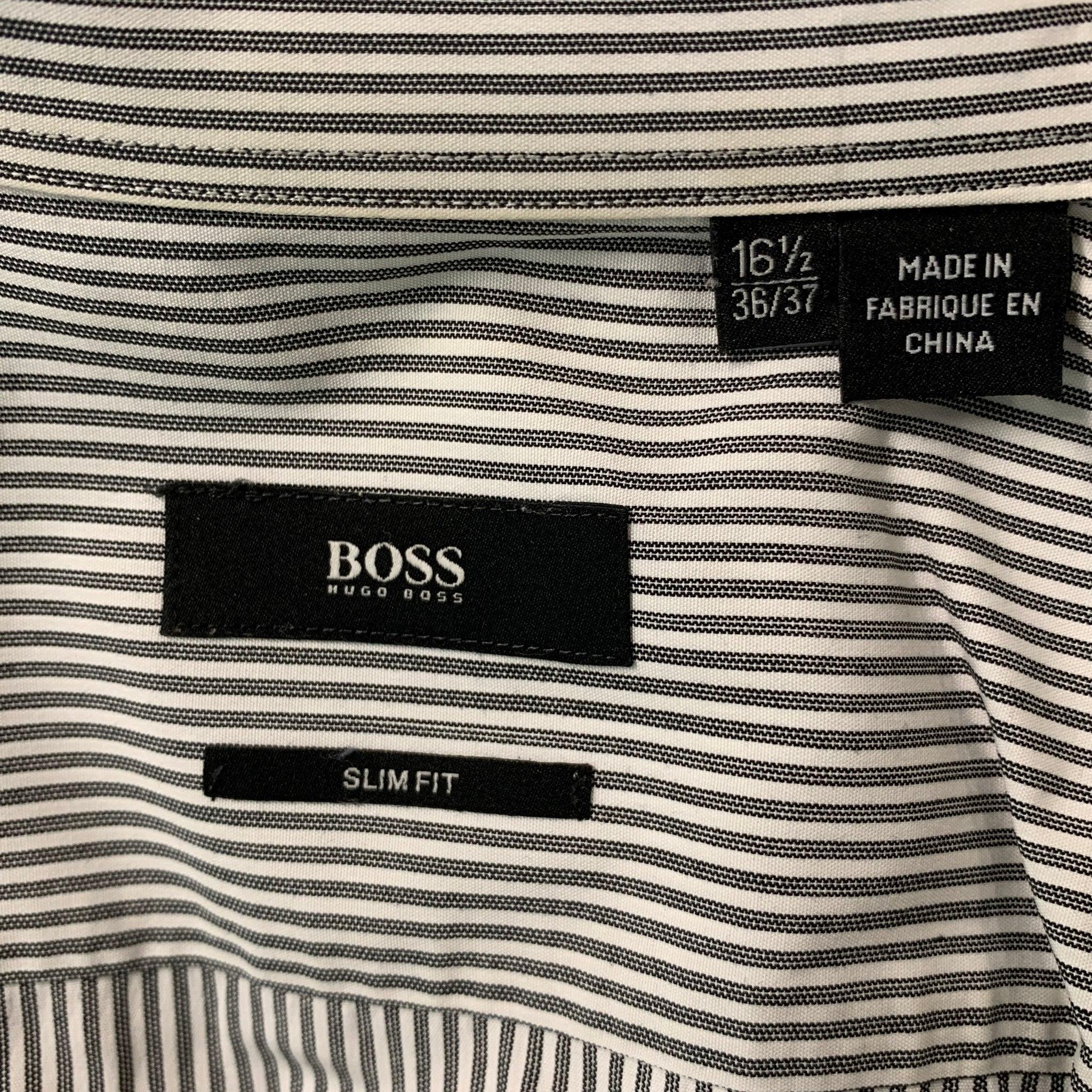 BOSS by HUGO BOSS Size L Black & White Stripe Cotton Long Sleeve Shirt For Sale 1