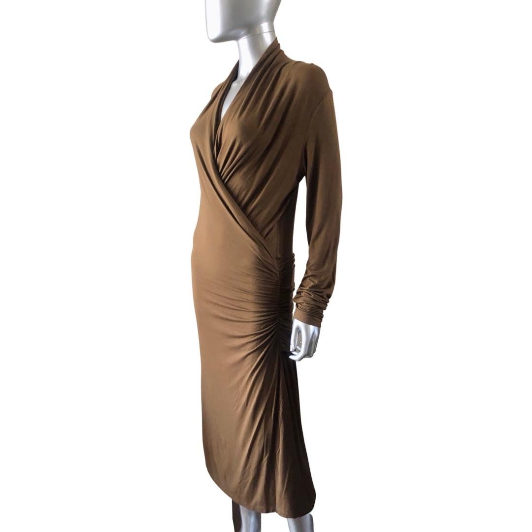 Boss by Hugo Boss Tobacco Jersey Draped Dress with Ruched Panel Italy Size L In Good Condition In Palm Springs, CA