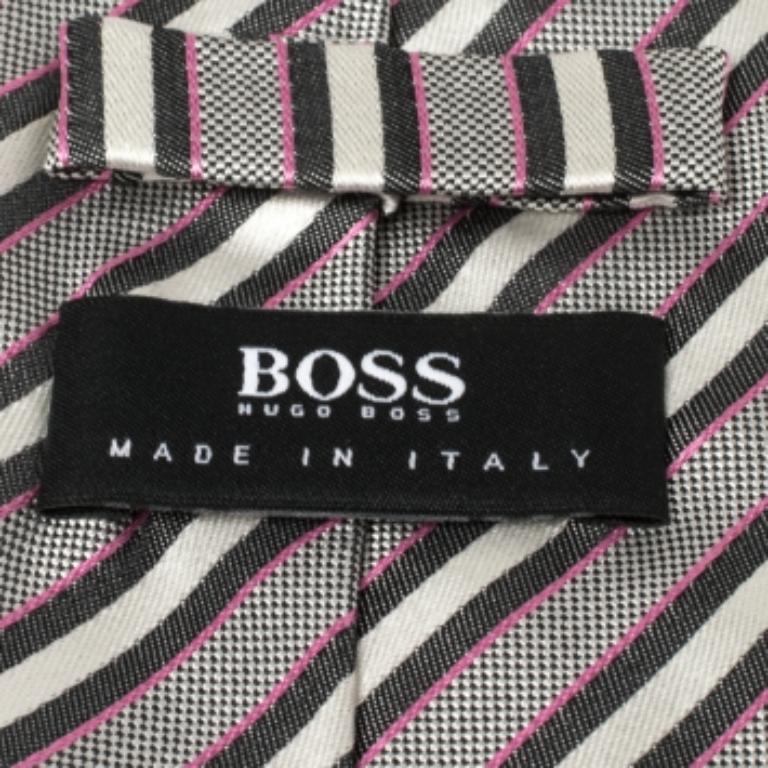 Gray Boss By Hugo Boss White Diagonal Striped Silk Tie For Sale