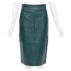 BOSS dark green panelled lambskin leather exposed silver zip pencil skirt US2 S