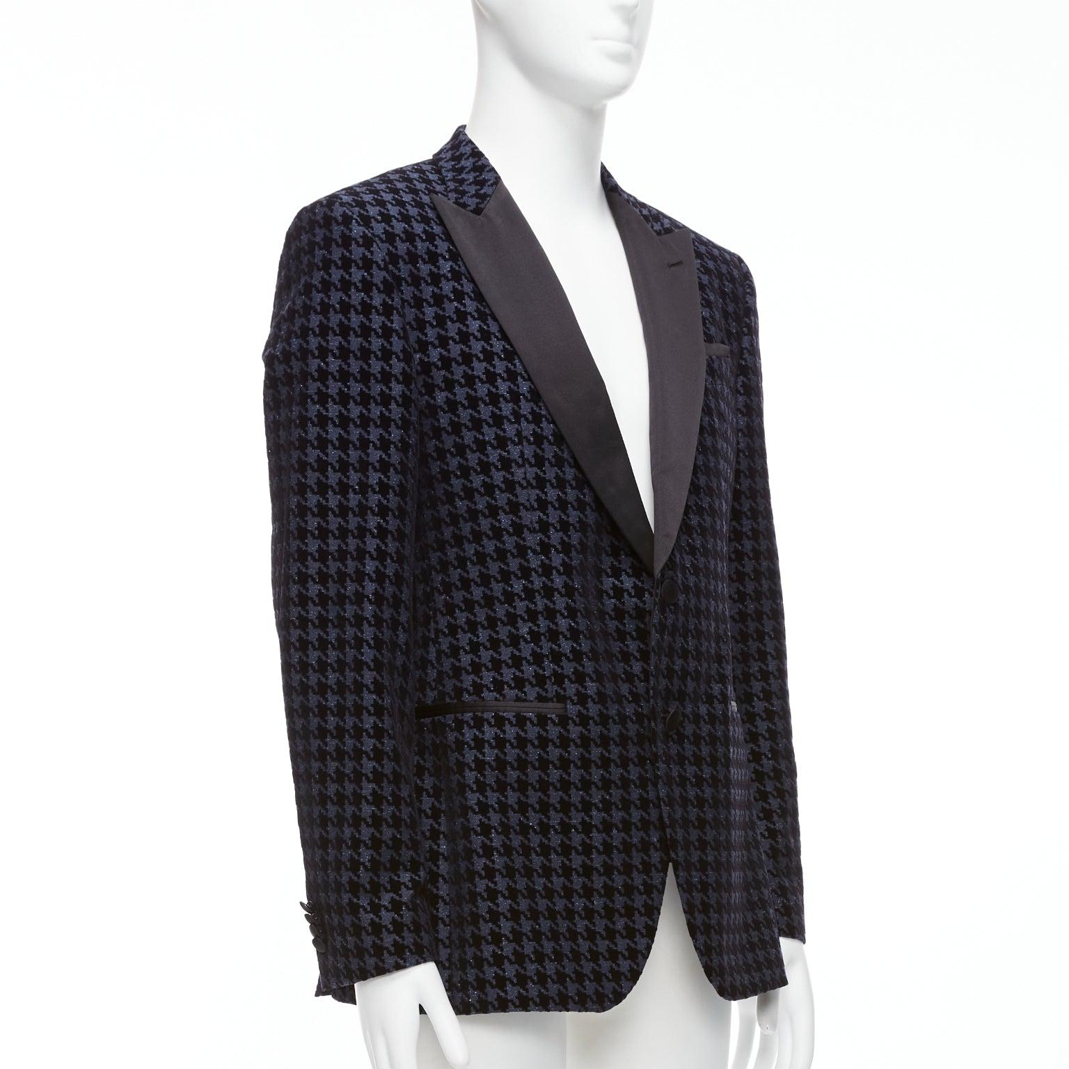 BOSS HUGO BOSS 2019 virgin wool silk navy houndstooth velvet tux blazer IT50 L In New Condition For Sale In Hong Kong, NT