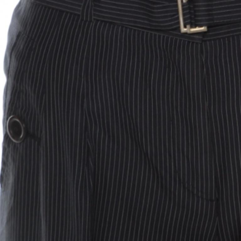 Donna Boss Hugo Boss Black Pinstriped Cotton Wide Leg Belted Trousers S in vendita