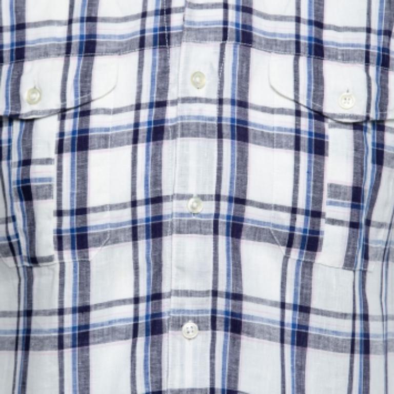 Uomo Boss Orange by Hugo Boss - Camicia a maniche corte in lino con stampa a quadri bianchi e blu - S.S. White in vendita