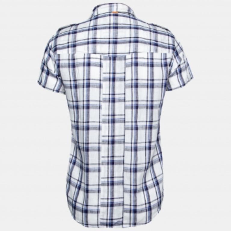Boss Orange by Hugo Boss - Camicia a maniche corte in lino con stampa a quadri bianchi e blu - S.S. White in vendita 1