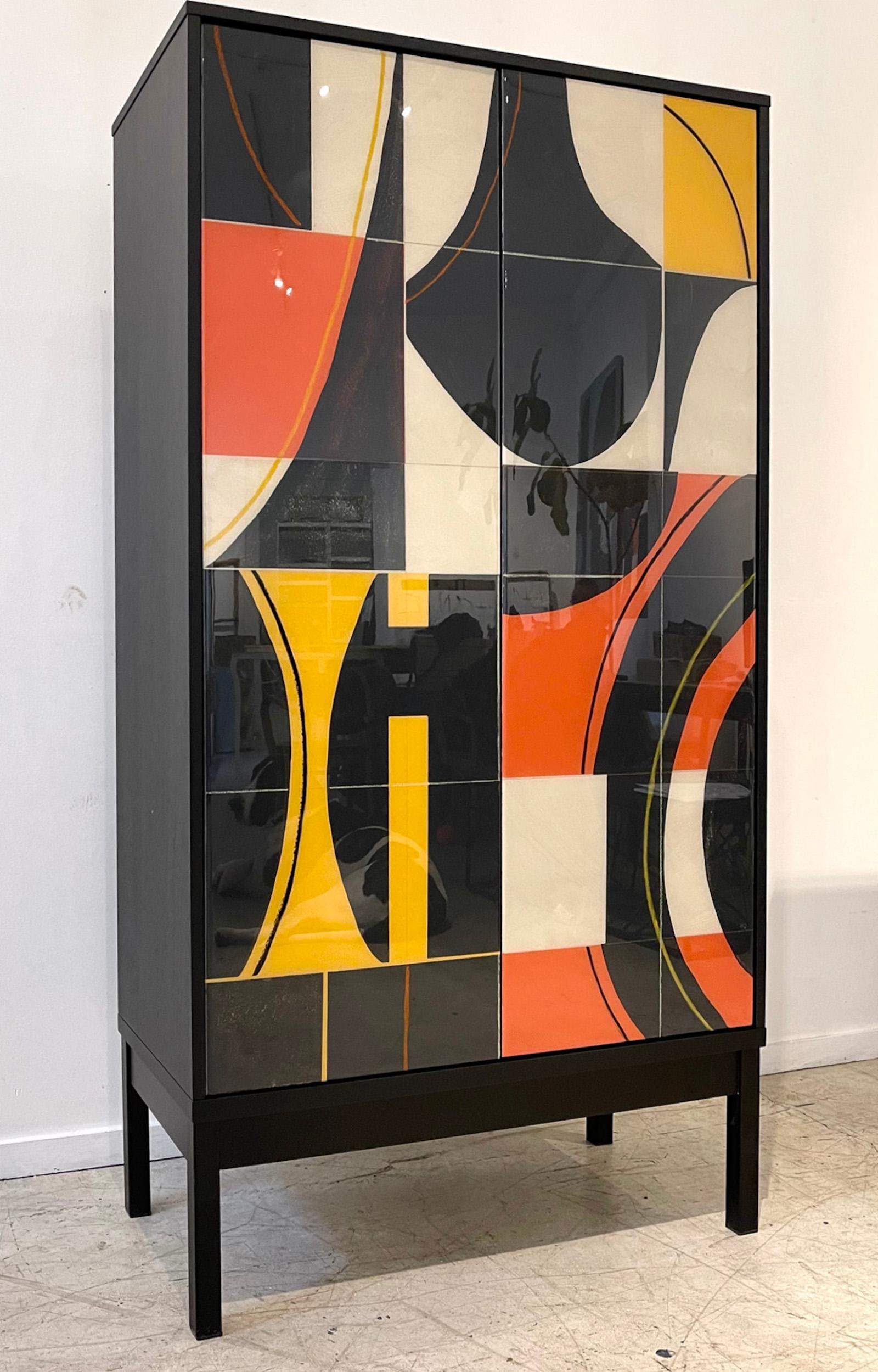 The Bossa Armoire is designed and created in our Toronto studio, Morgan Clayhall. The artwork on the doors is by the artist, Murray Duncan

Bossa is a new bold series inspired by 1970s colour and Brazilian modernism. The organic shapes are emphasize