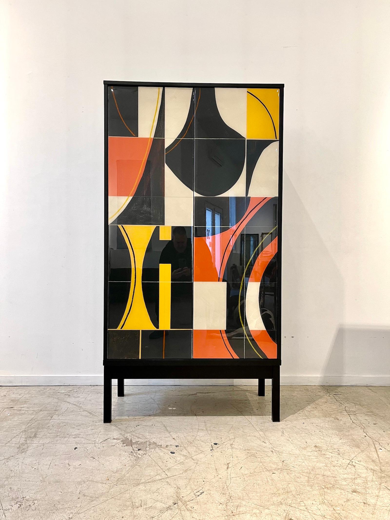 Modern Bossa Armoire by Morgan Clayhall, mix media artwork on doors  For Sale