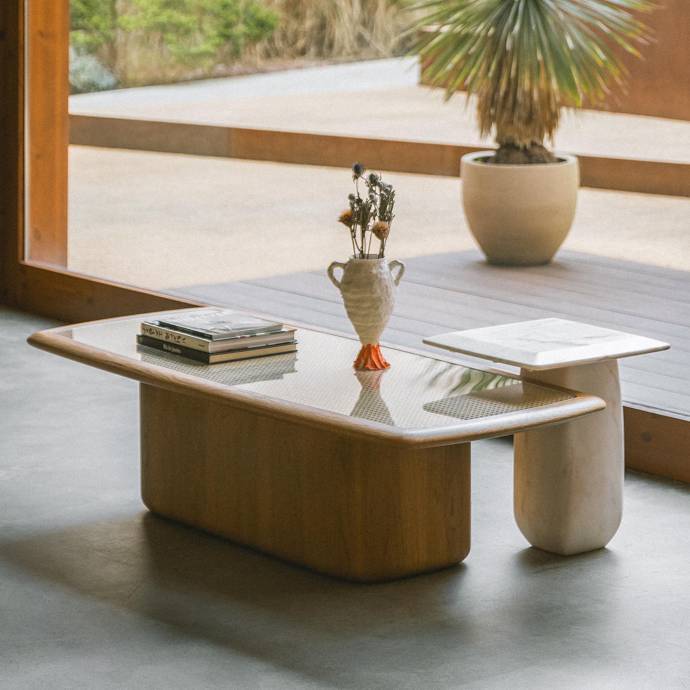 Portuguese Bossa Rectangular Coffee Table Cane Top, Natural Solid Oak Wood by Duistt For Sale
