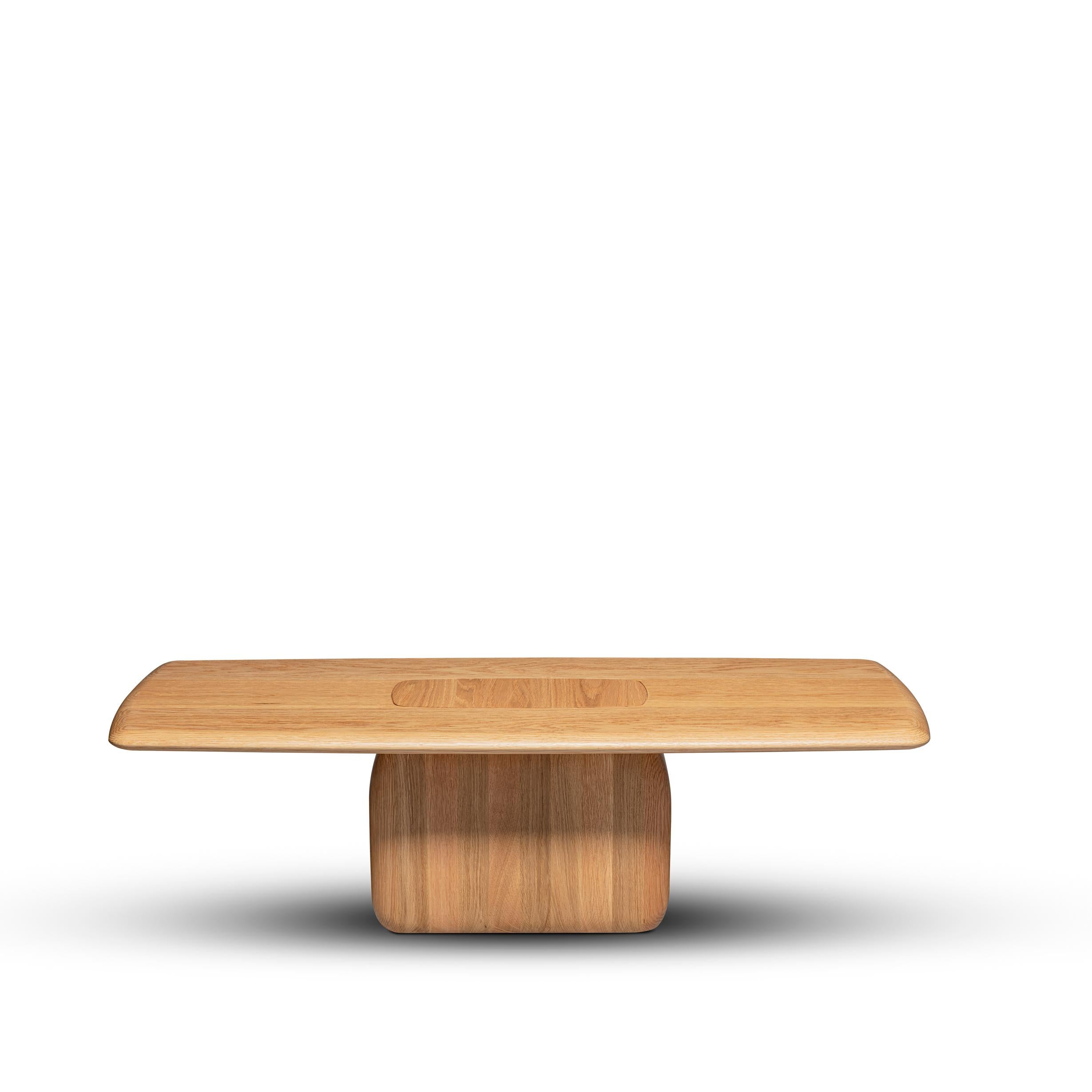 Bossa Rectangular Coffee Table, Natural Solid Oak Wood, Handcrafted by Duistt

The “Bossa” collection is inspired by the subtlety, particular charm, and harmonious simplicity of the Brazilian music movement that emerged in the late ’50s, “bossa