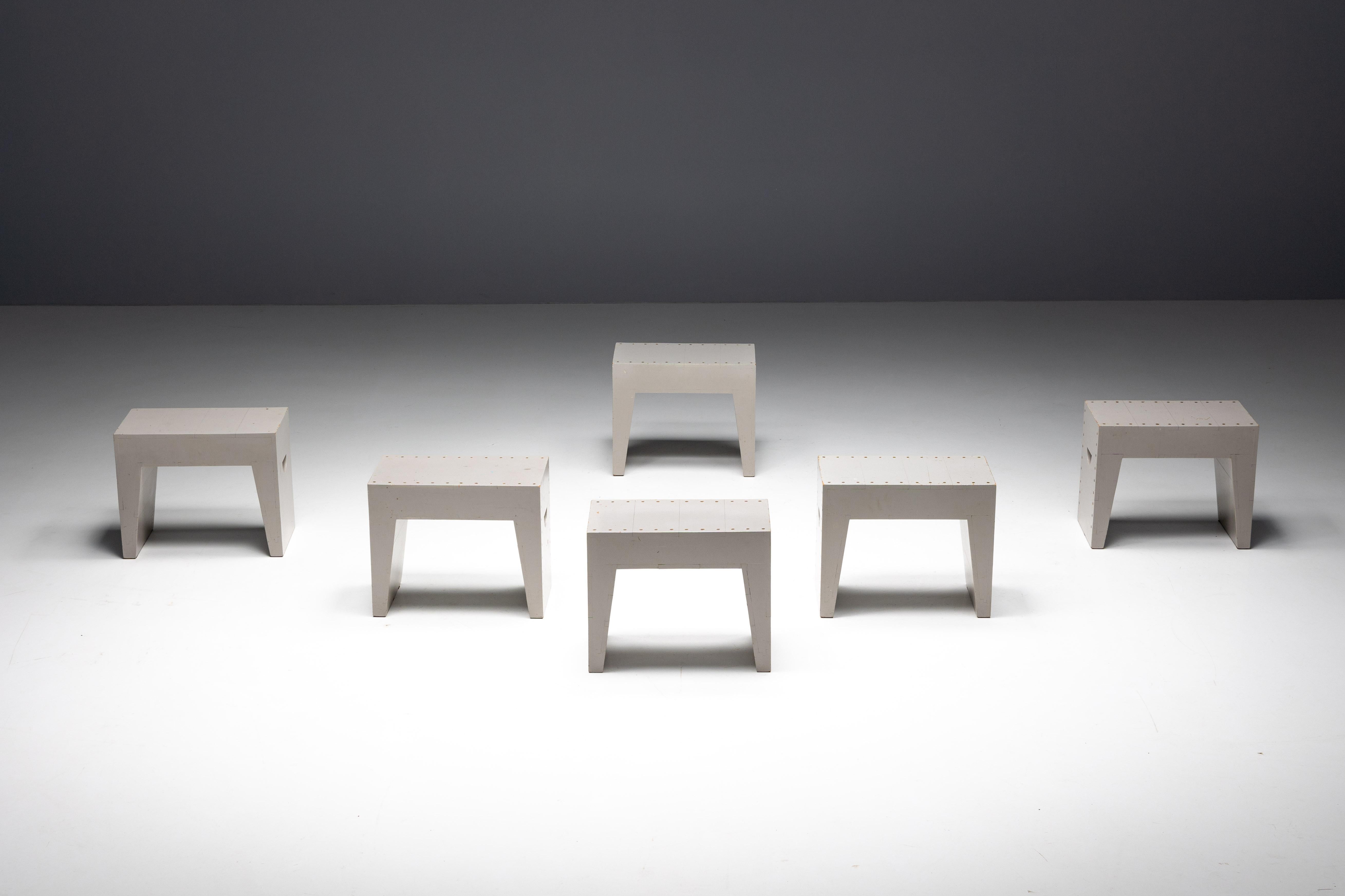 Rare set of stools from the 1970s, designed by the Dutch Benedictine monk and architect Dom Hans van der Laan and his apprentice Jan de Jong, exemplifying the distinctive Bossche School style. Crafted from pinewood painted in grey and featuring