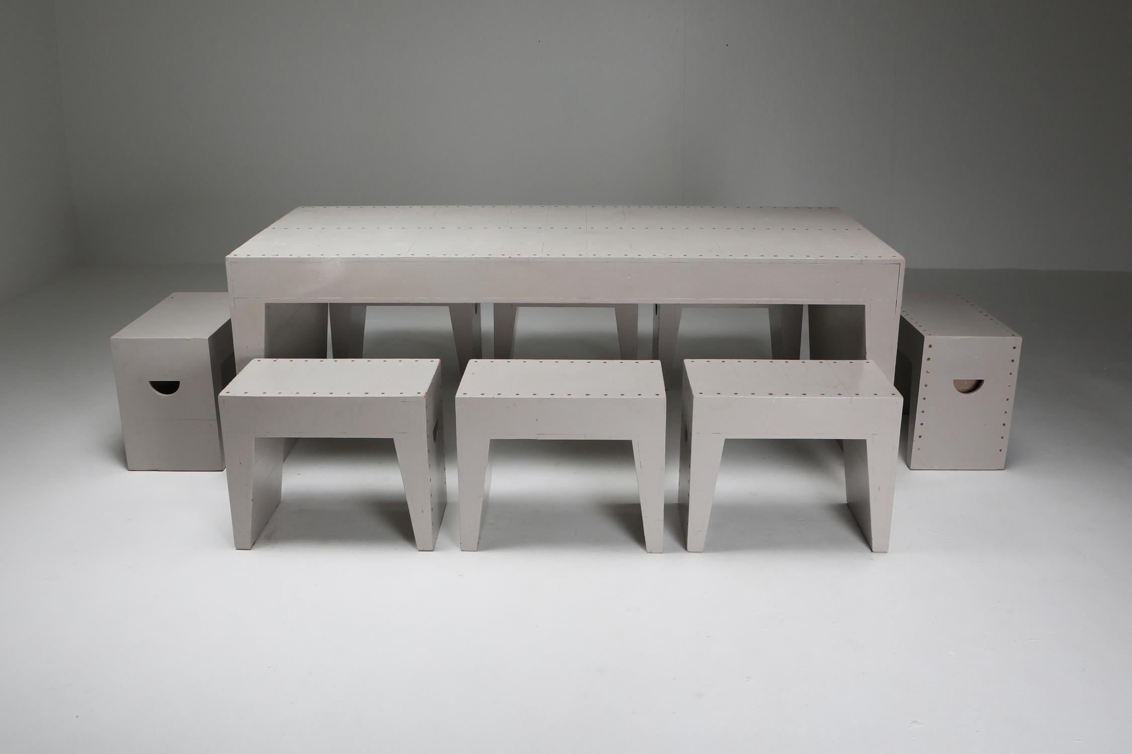 Mid-Century Modern Bossche School Table and Stools, Dom Hans van der Laan, Jan De Jong