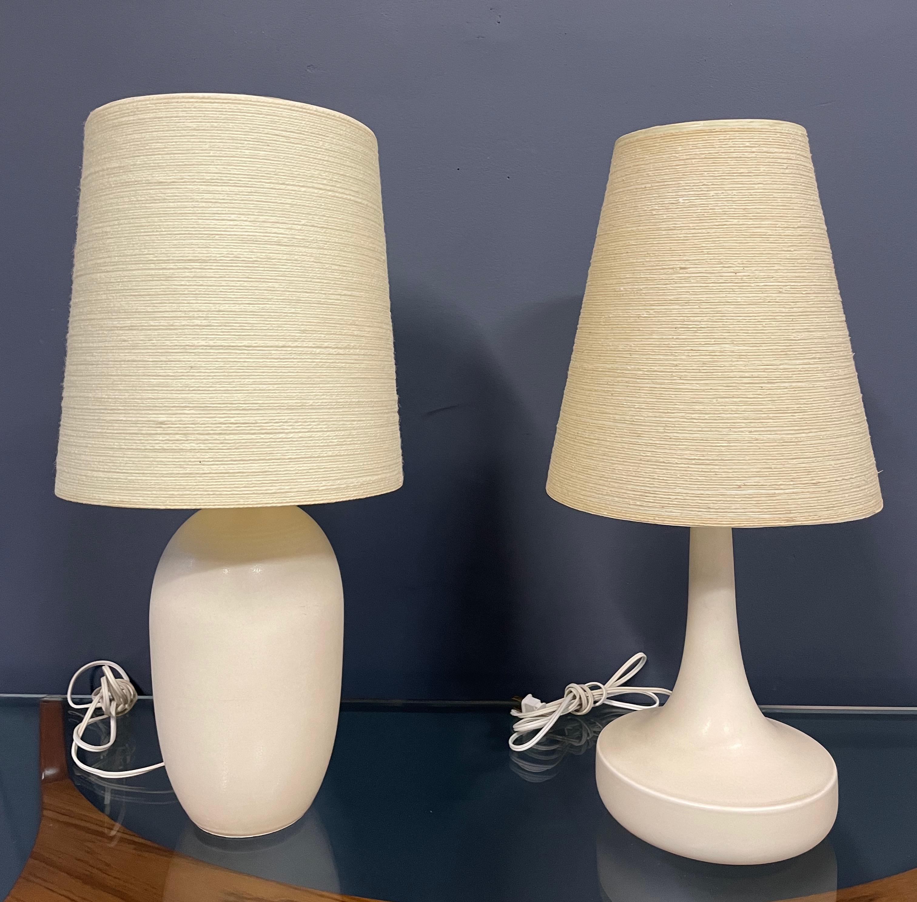 Mid-Century Modern Bostlund Pair of Complimentary White Ceramic Lamps W/Original Shades Mid Century