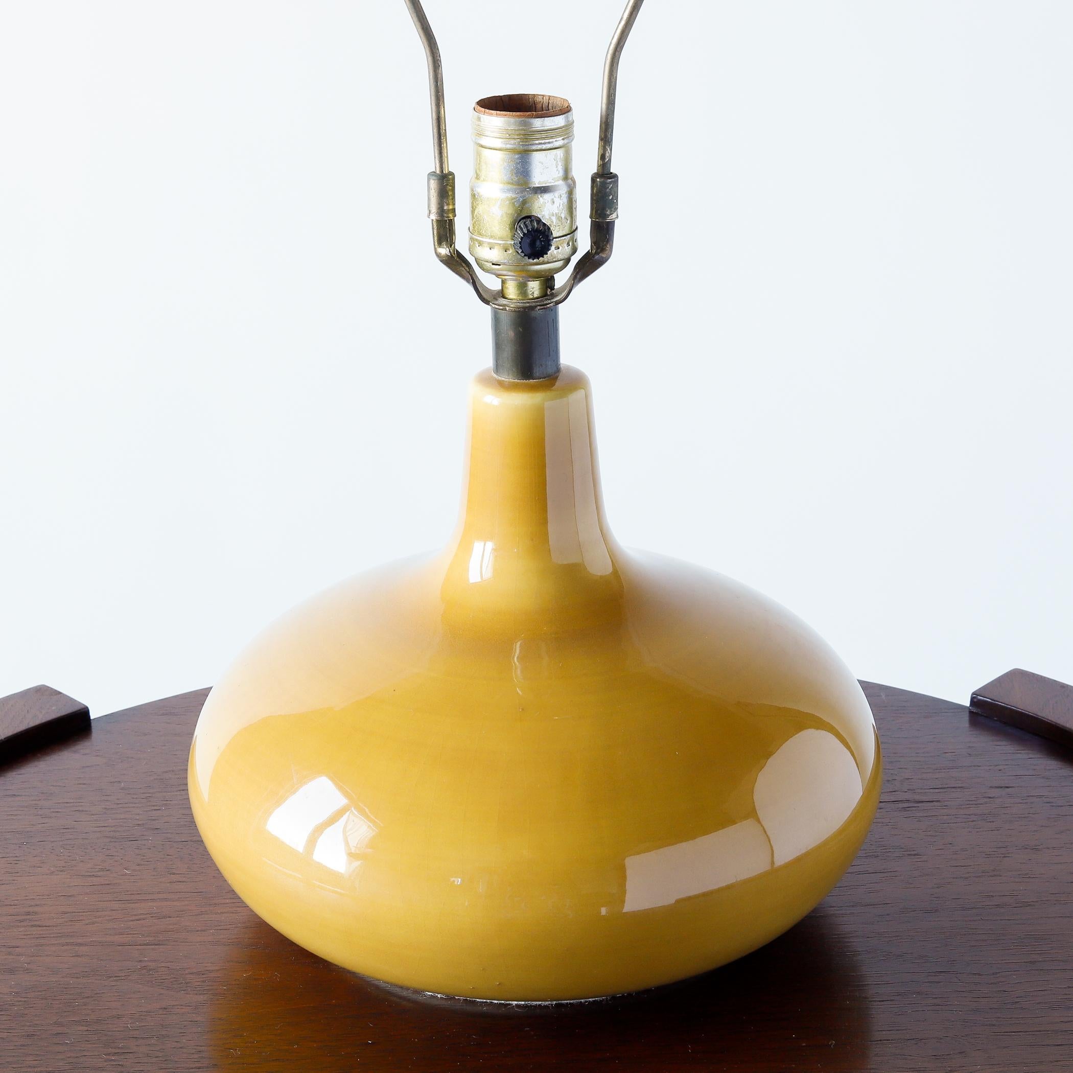 Bostlund Small Yellow Ceramic Lamp, Original Fiberglass Shade, Danish Modern In Good Condition In Raleigh, NC