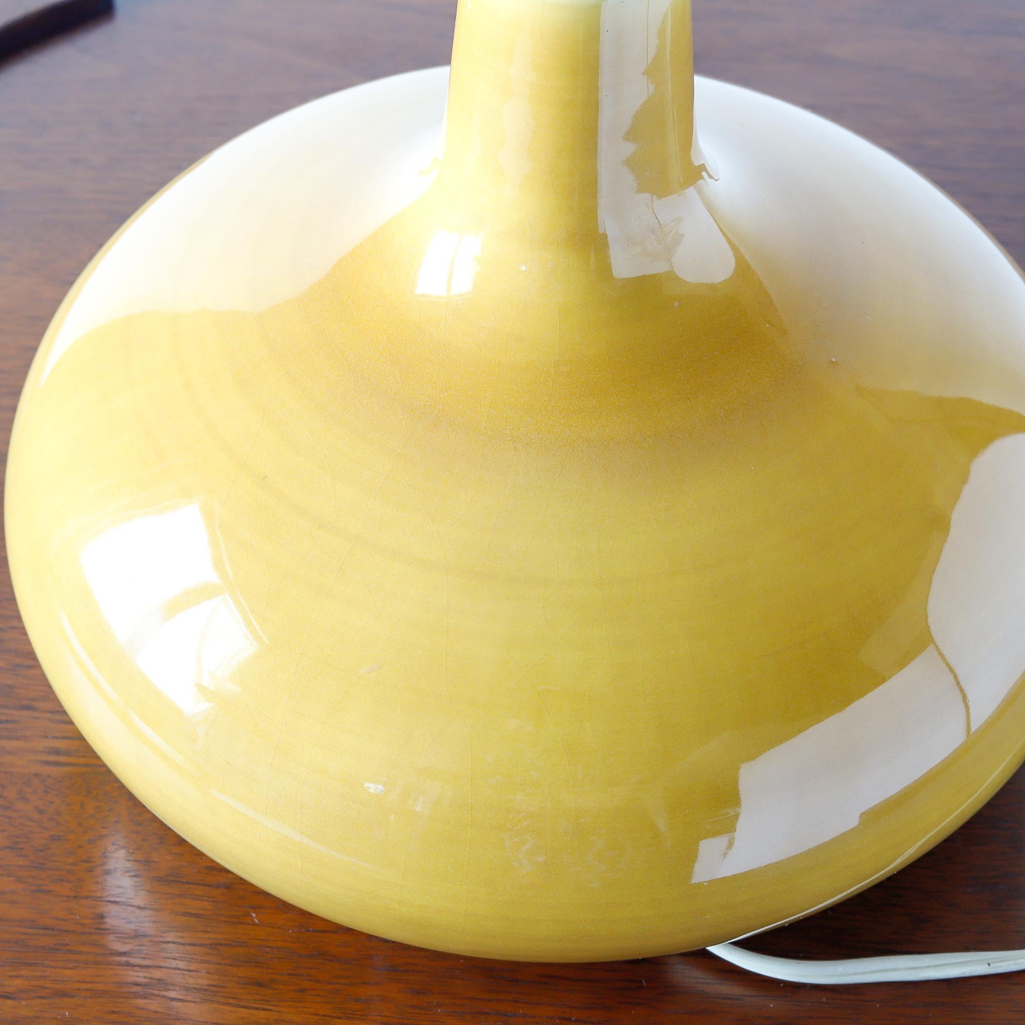 Mid-20th Century Bostlund Small Yellow Ceramic Lamp, Original Fiberglass Shade, Danish Modern