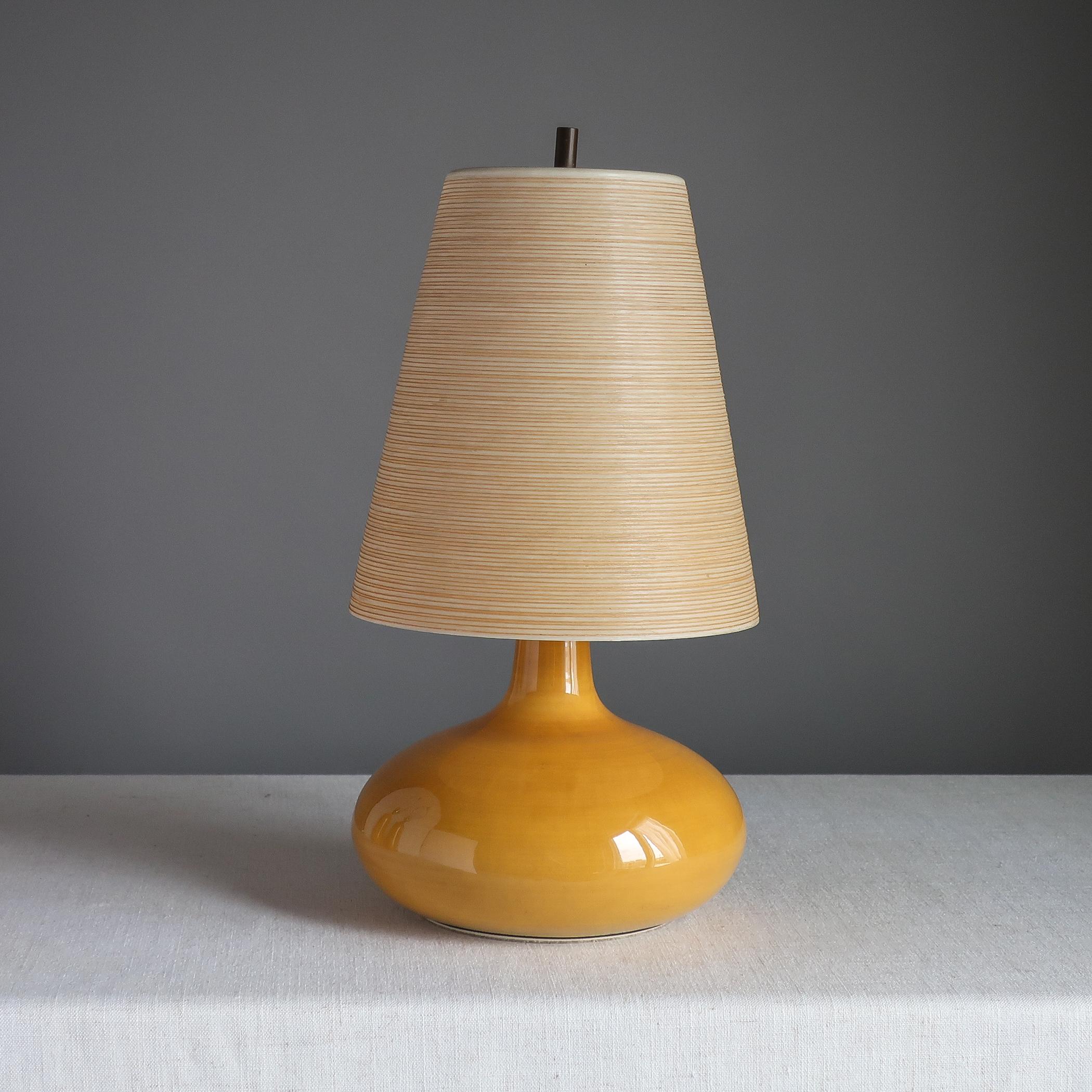 Mid-Century Modern Bostlund Small Yellow Ceramic Lamp, Original Fiberglass Shade, Danish Modern