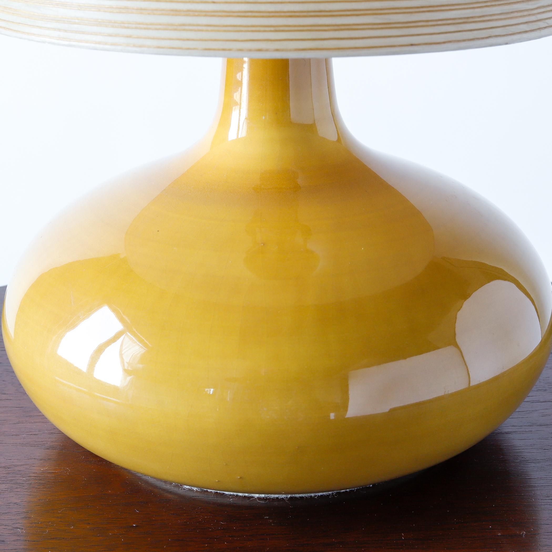 Stoneware Bostlund Small Yellow Ceramic Lamp, Original Fiberglass Shade, Danish Modern